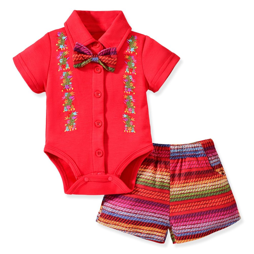 HINTINA 6 Month Infant Baby Boy Embroidery Mexican Outfits Ethnic Wear Cinco De Mayo Fiesta Party Clothes Traditional Mexico Themed Gentleman Clothing, Red, 6-12 Months