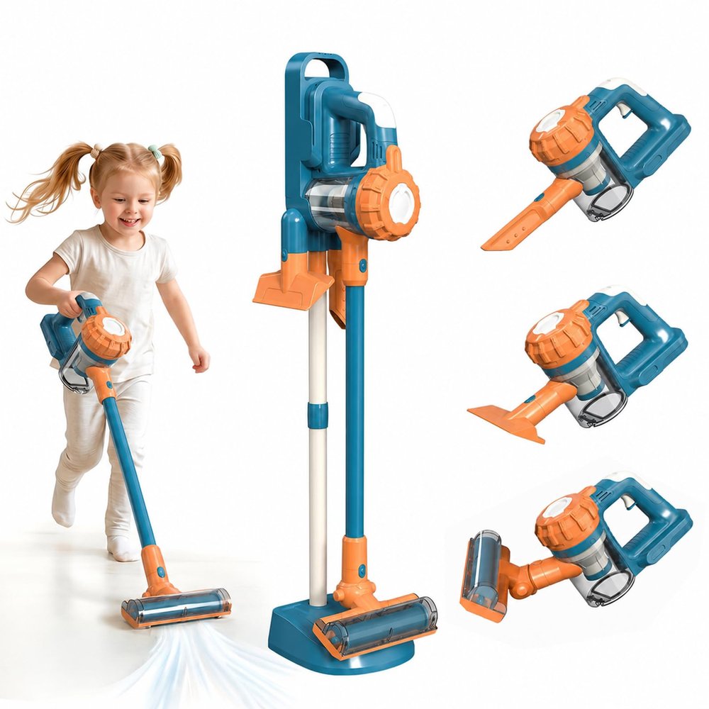 VARANO 3-in-1 Kids Vacuum that Really Works, Toddler Vacuum Cleaner with Storage Stand & Realistic Sounds, Montessori Pretend Play Cleaning Toy for Boys & Girls Ages 3+ (Blue)