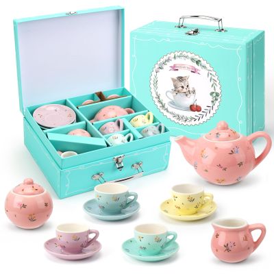 CHENP.HMC Tea Party Set for Little Girls, Girls Birthday Gift,13 Piece Sets Kids Tin Tea Party with Cups, Saucers, Plates & Serving Trays (HWC)