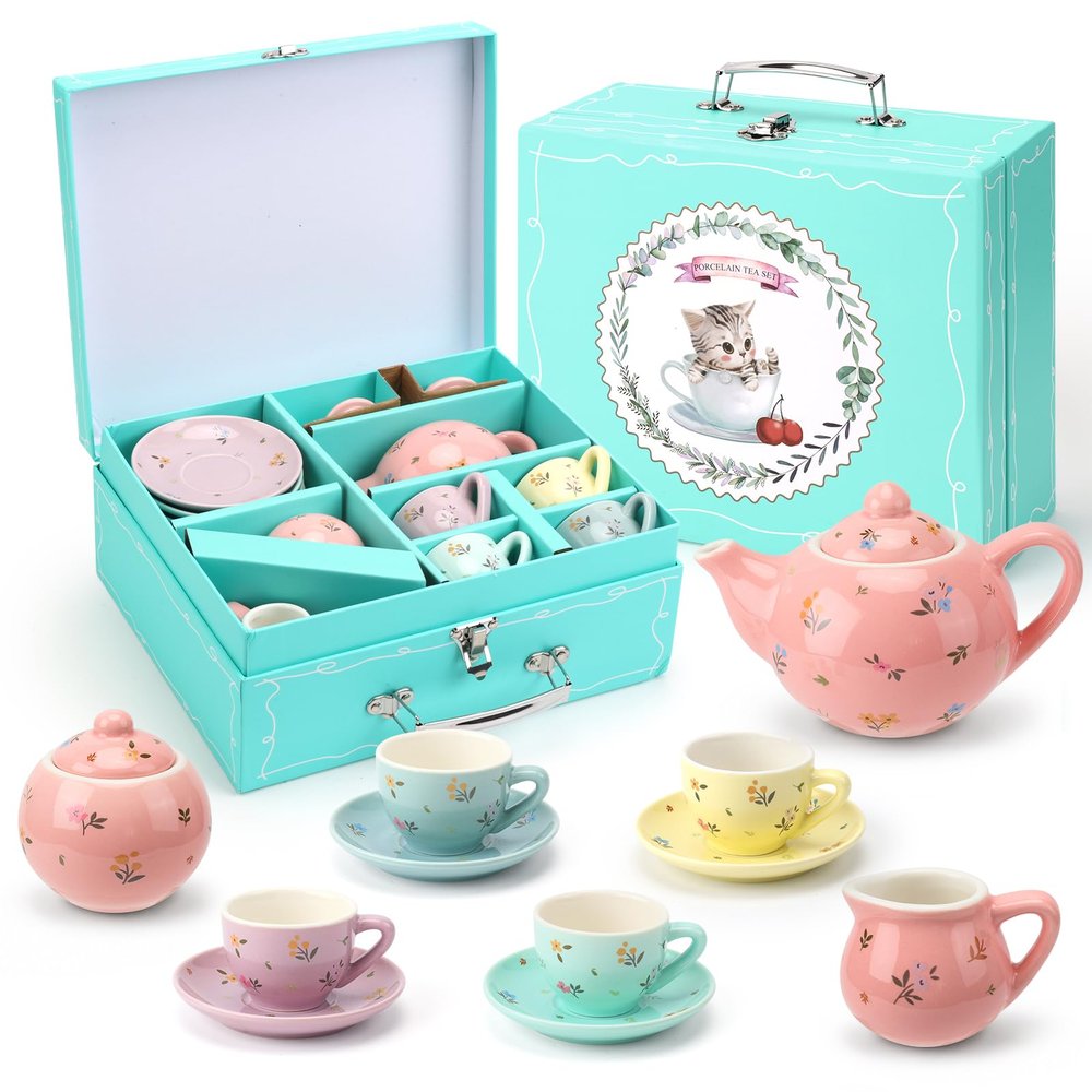 CHENP.HMC Tea Party Set for Little Girls, Girls Birthday Gift,13 Piece Sets Kids Tin Tea Party with Cups, Saucers, Plates & Serving Trays (HWC)