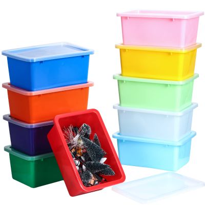 Amyhill 10 Pack Small Storage Bins with Clear Lids Multipurpose Colorful Plastic Cubby Containers Stackable Storage Toy Bins for Classroom, Nursery, Home, 11.4 x 7.5 x 4.9 Inches, 10 Colors