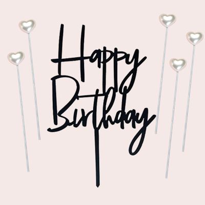 ZHENGYE Black Happy Birthday Cake Topper Sign And 5 White Heart-shape Cake Toppers For Birthday Cake Decorations Supplies(White 1)
