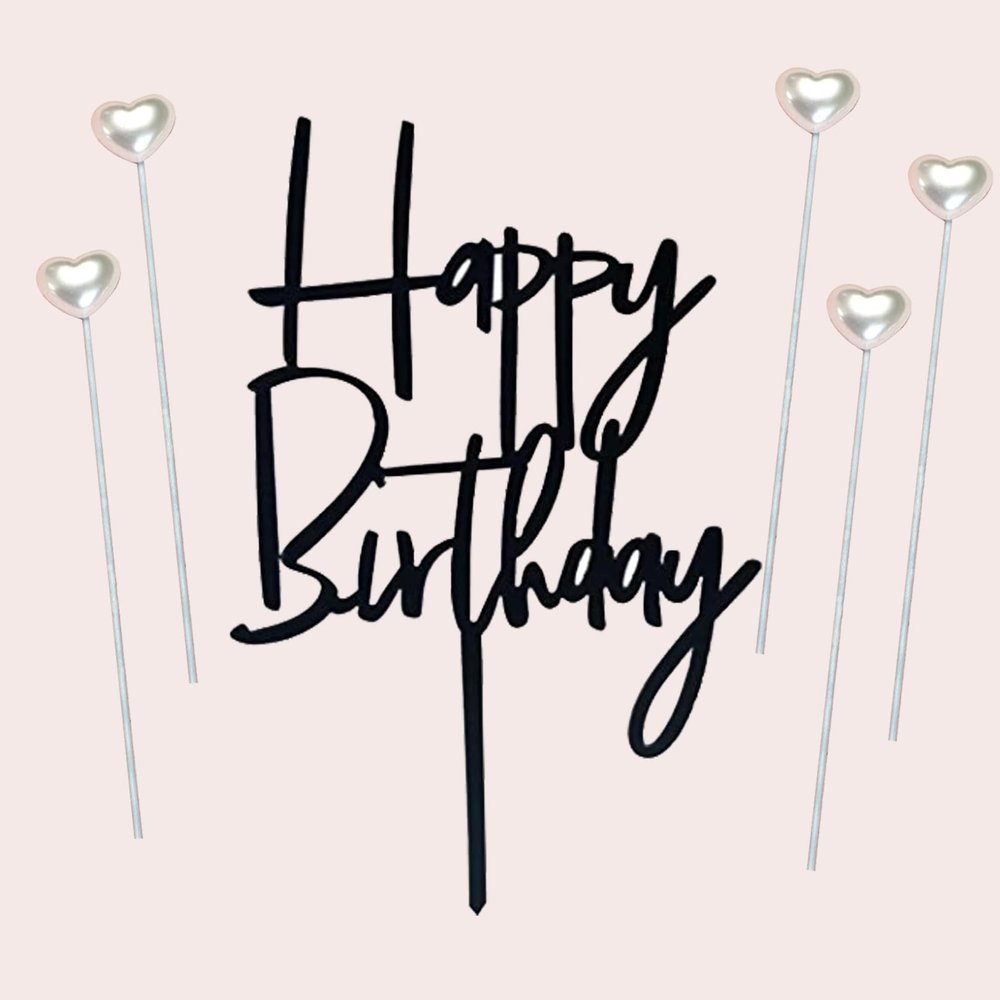 ZHENGYE Black Happy Birthday Cake Topper Sign And 5 White Heart-shape Cake Toppers For Birthday Cake Decorations Supplies(White 1)