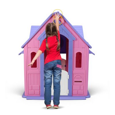 ToysCentral Basics Indoor/Outdoor Playset with Basketball Hoop Dartboard Garden Games Cottage Plastic Playhouse for Toddlers