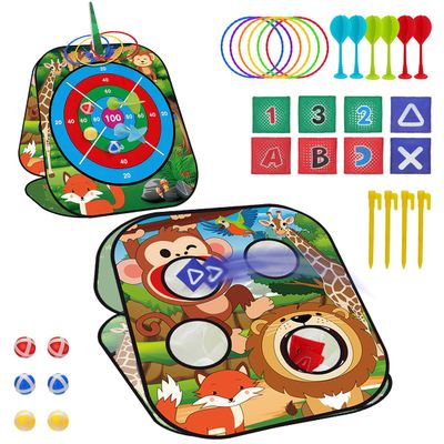 Animal 5-in-1 Bean Bag Toss Game for Kids Ages 3-6, Outdoor Cornhole Set with 3 Interchangeable Boards (Toss/Dart/Tic-Tac-Toe), Includes 8 Beanbags 6 Balls/Darts/Rings, Outdoor Toys for Boys