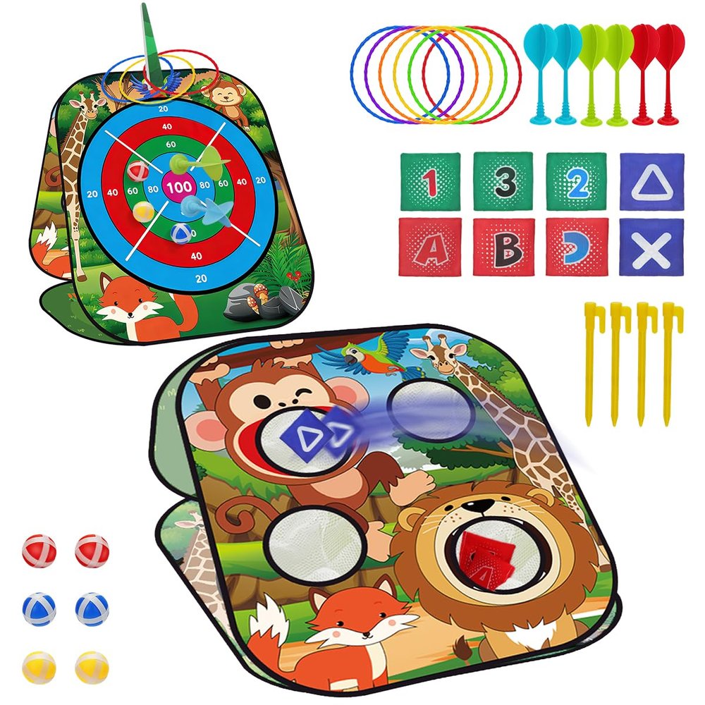 Animal 5-in-1 Bean Bag Toss Game for Kids Ages 3-6, Outdoor Cornhole Set with 3 Interchangeable Boards (Toss/Dart/Tic-Tac-Toe), Includes 8 Beanbags 6 Balls/Darts/Rings, Outdoor Toys for Boys