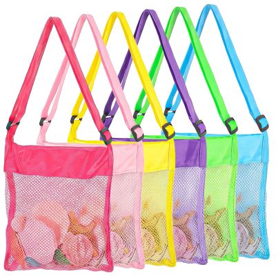 Apojgitn 6PCS Mesh Beach Bag for Kids, Colorful Seashell Collecting Bags with Zipper, Shell Pouch for Sand Toys and Beach Accessories Adjustable Strap for Holding Shells