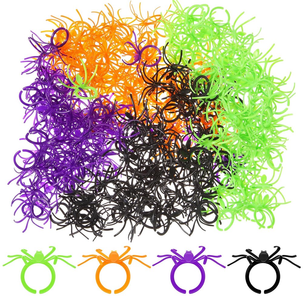 Boao Spider Style Toy Rings Bulk Party Favors, Plastic Adjustable Spider Style Rings for Goodie Bag Fillers, Cupcake Toppers, Birthday Party Decorations (240 Pcs, Black, Purple, Orange, Green)