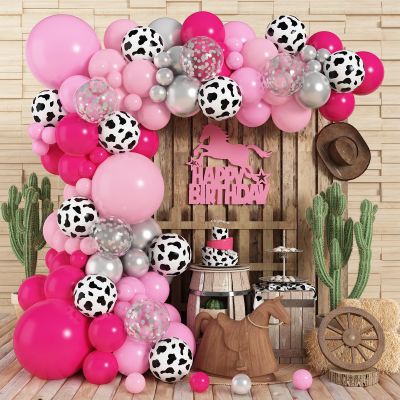 Cowgirl Balloons Arch Garland Kit, Cowgirl Party Decorations for Western Rodeo Bachelorette Theme Baby Shower Birthday Anniversary Disco Decorations Supplies with Hot Pink Silver Cow Print Balloons