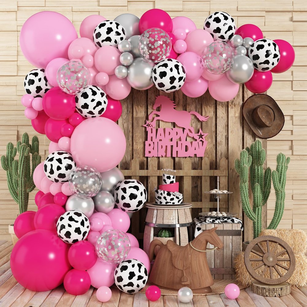 Cowgirl Balloons Arch Garland Kit, Cowgirl Party Decorations for Western Rodeo Bachelorette Theme Baby Shower Birthday Anniversary Disco Decorations Supplies with Hot Pink Silver Cow Print Balloons