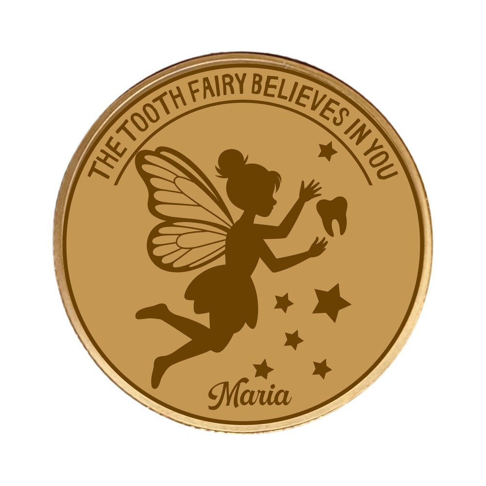 Personalized Tooth Fairy Gold Coin - Custom Name Lost Tooth Keepsake - Commemorative Fairy Reward for Kids - Magical First Tooth Gift, Tooth Fairy Believes in You Token for Boys and Girls (C-01)