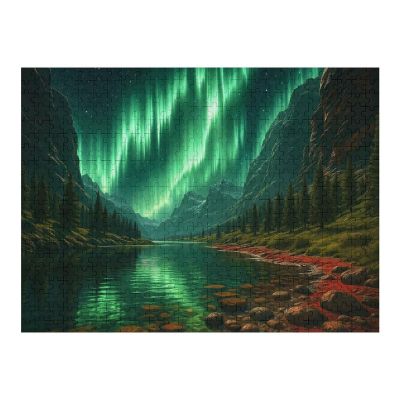 500 Pieces Wooden Jigsaw Puzzles for Adults Magical Northern Lights Mountain Lake Nature Artwork Relaxation Game for Travel Lovers
