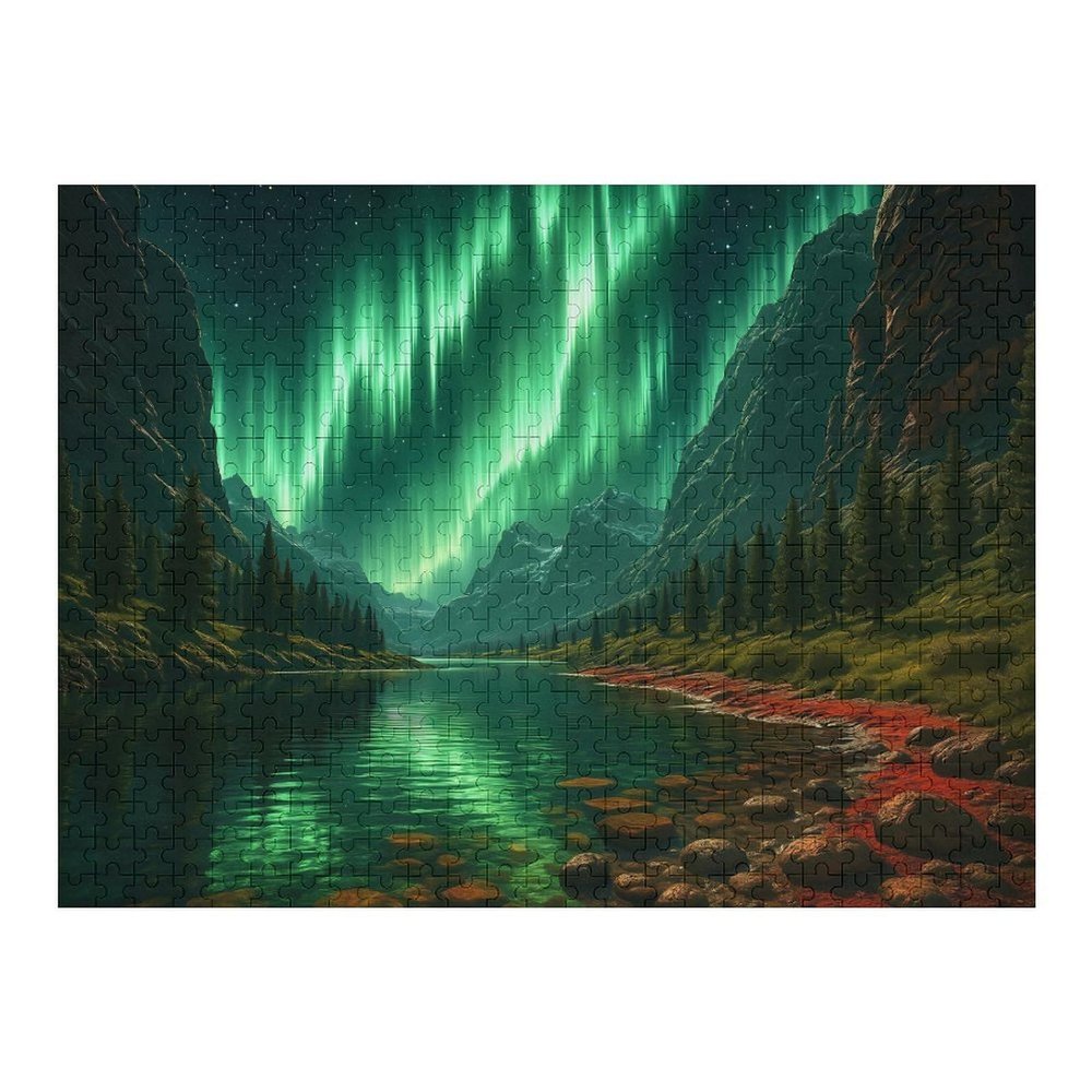 500 Pieces Wooden Jigsaw Puzzles for Adults Magical Northern Lights Mountain Lake Nature Artwork Relaxation Game for Travel Lovers