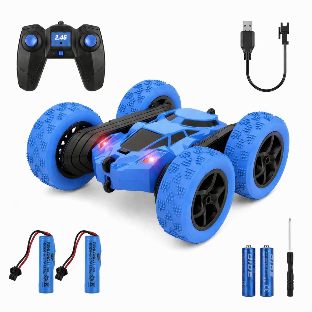 BSHSM RC Car 2.4GHz 360 Spin Off-Road Stunt Vehicle with 2 Rechargeable Batteries + USB Charging Cable, Full Terrain Remote Control Truck for Kids