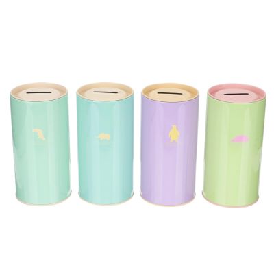 4pcs Round Tinplate Coin Bank Cartoon Piggy Bank for Money Saving Pot Coin Container Mixed Styles for Cash Saving and Organization Style