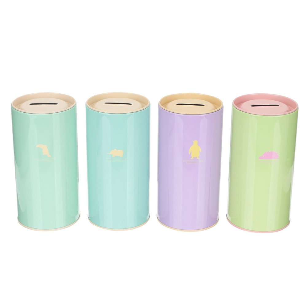4pcs Round Tinplate Coin Bank Cartoon Piggy Bank for Money Saving Pot Coin Container Mixed Styles for Cash Saving and Organization Style