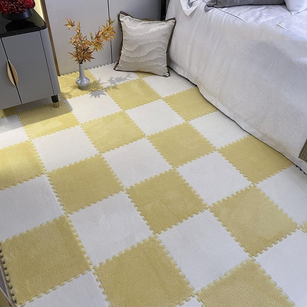 LBAawxe Square Foam Floor Mat, Plush Interlocking Carpet Square, Washable, Puzzle Rug, Non-Slip Soft Interlocking Carpet(Yellow+Beige,16pcs)