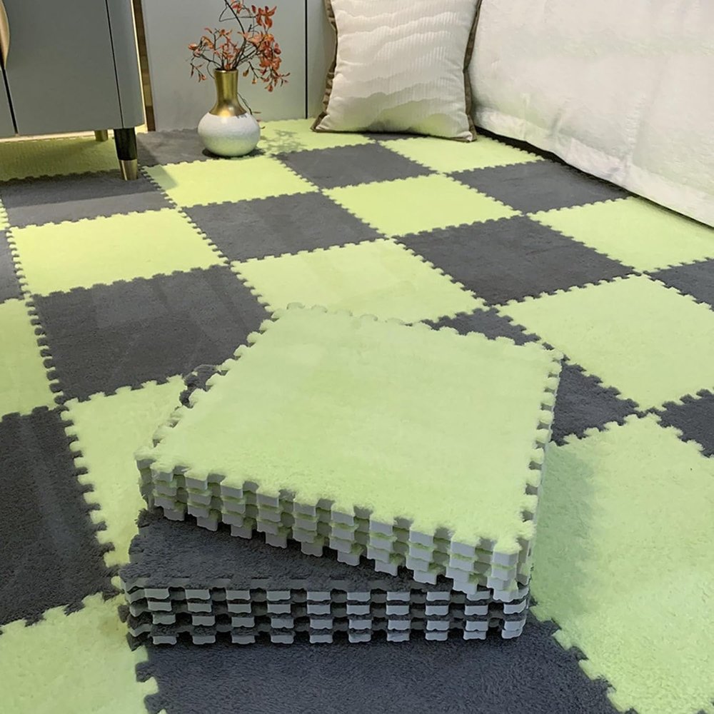 LBAawxe Square Foam Floor Mat, Plush Interlocking Carpet Square, Washable, Puzzle Rug, Non-Slip Soft Interlocking Carpet(Grey+Grass Green,12pcs)