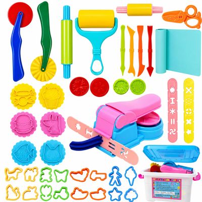 Dough Play Tool Set for Kids, 41Pcs Dough Tools Sets, Accessories Includes Storage Box, Dough Mat, Noodle Maker, Cutters Roller, Rolling Pins,Safety Scissors, Educational Toys Gift for Boys Girls