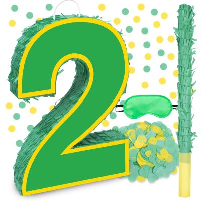 15.7" Yellow Green Number 2 Pinata, 2nd Birthday Party Decorations with Stick Blindfold Confetti for Boys Girls Yellow Green Theme Birthday Baby Shower