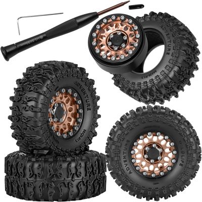 1.3" Beadlock Wheels Tires Set Aluminum Alloy w/Metal Steel Ring for TRX4M SCX24 FCX24 Ascent-18 1/18 1/24 RC Crawler Upgrade Parts,RCarmubWow 1.3 Beadlock Wheels and Tires,4pcs,Brown