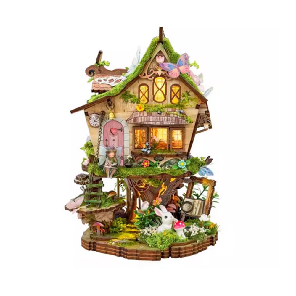 3D Wooden Puzzle for Adults, Treehouse DIY Bookshelf Insert Miniature House Model Kit with LED Light, Book Nook Craft Bookshelf Decor for Shelf Desk Display (137+PCS)