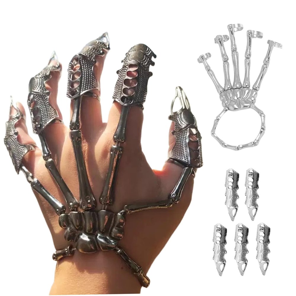 KUYYFDS Skeleton Hand Bracelet with 5Pcs Full Finger Rings Punk Gothic Jewelry with Movable Joint Plated Alloy Halloween Jewelry for Cosplay, Party, Costume, Silver