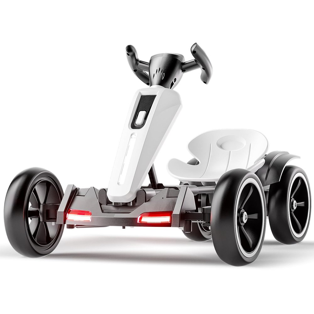 12V Electric Kids Pedal Go Kart, Foldable & Adjustable Seat, 4 No-Slip EVA Wheels, Outdoor Ride-On Toy in White for Boys & Girls Ages 36