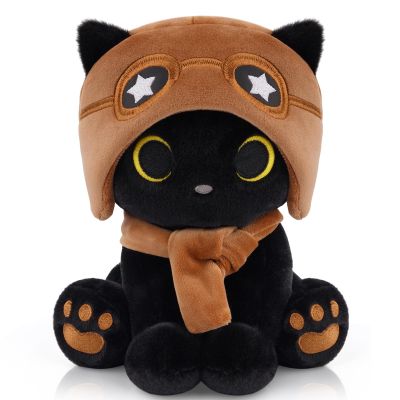 Hagusahuo Cat Plush Toy - Black Cat with Removable Aviator Hat, 8" Cute Stuffed Animal Pilot Gifts for Kids & Adults, Soft Aviator Kitten Toy Birthday Gift for Boys,Girls