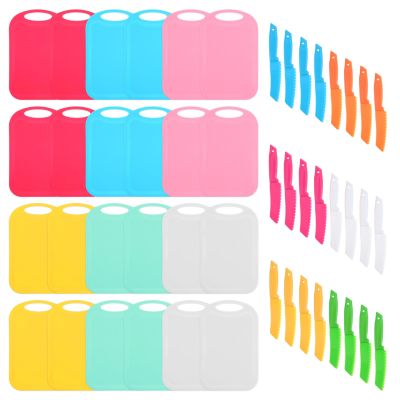 48 Pcs Kids Plastic Knife Set with Cutting Board Toddler Knife Tools, Including 24 Child Safe Knife 24 Chopping Board Kids Cooking Utensils for Salad Fruit Vegetables, Colorful