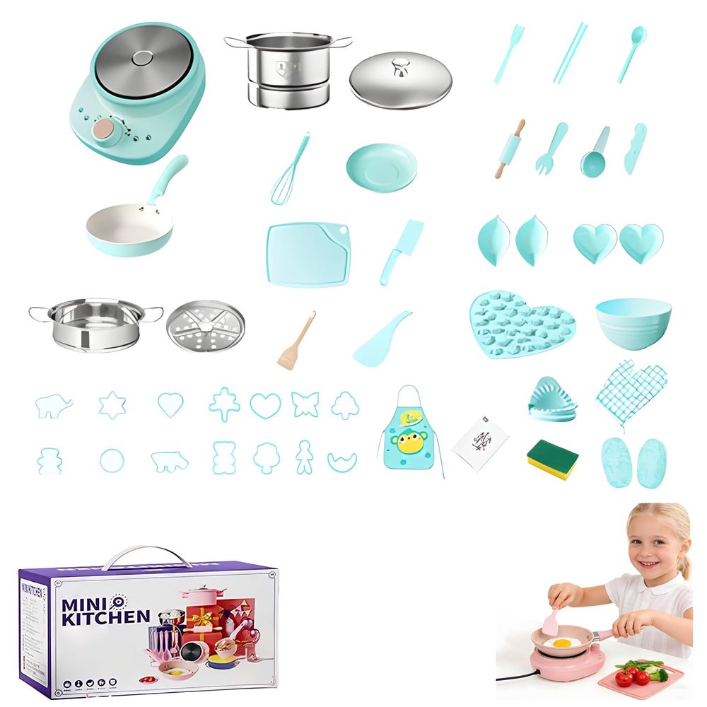 SEPSUMMER Kids Cooking Sets Real Mini Electric Stove & Pan Safe Real Food Fun, Functional Junior Chef Kitchen Set for Girls (Green, 48pc)