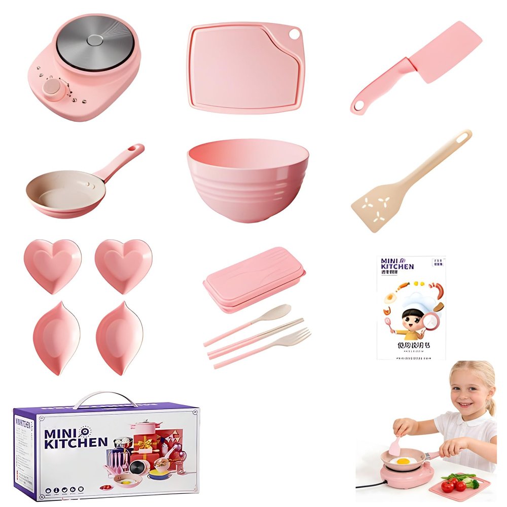 SEPSUMMER Kids Cooking Sets Real Mini Electric Stove & Pan Safe Real Food Fun, Functional Junior Chef Kitchen Set for Girls (Pink, 15pc)