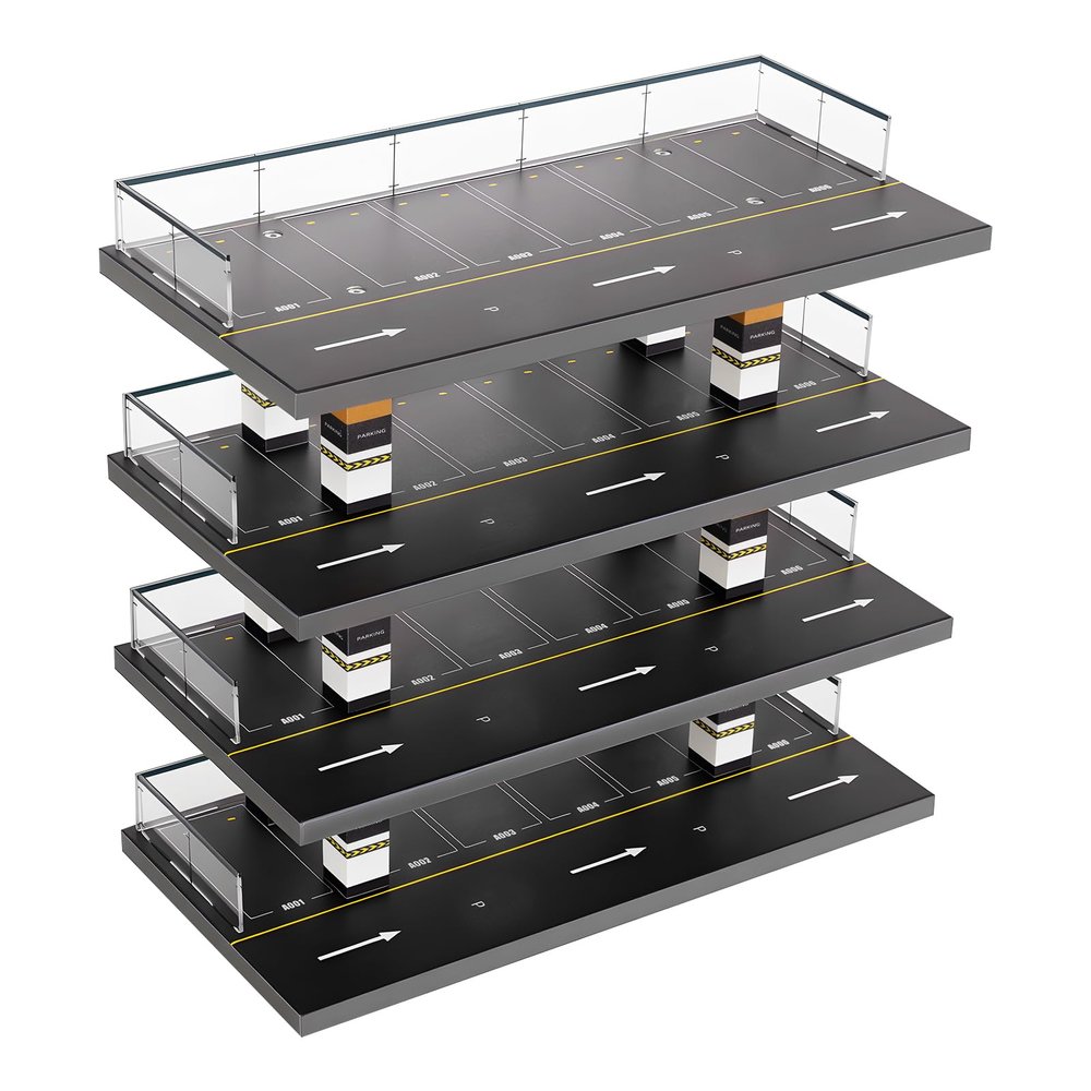 PLITEDDE 1/64 Scale Display Case, Diecast Toy Car Storage, Freestanding Parking Garage Diorama with 4 Levels, Maximum 40 Cars Capacity, Clear Acrylic & Solid Wood Material