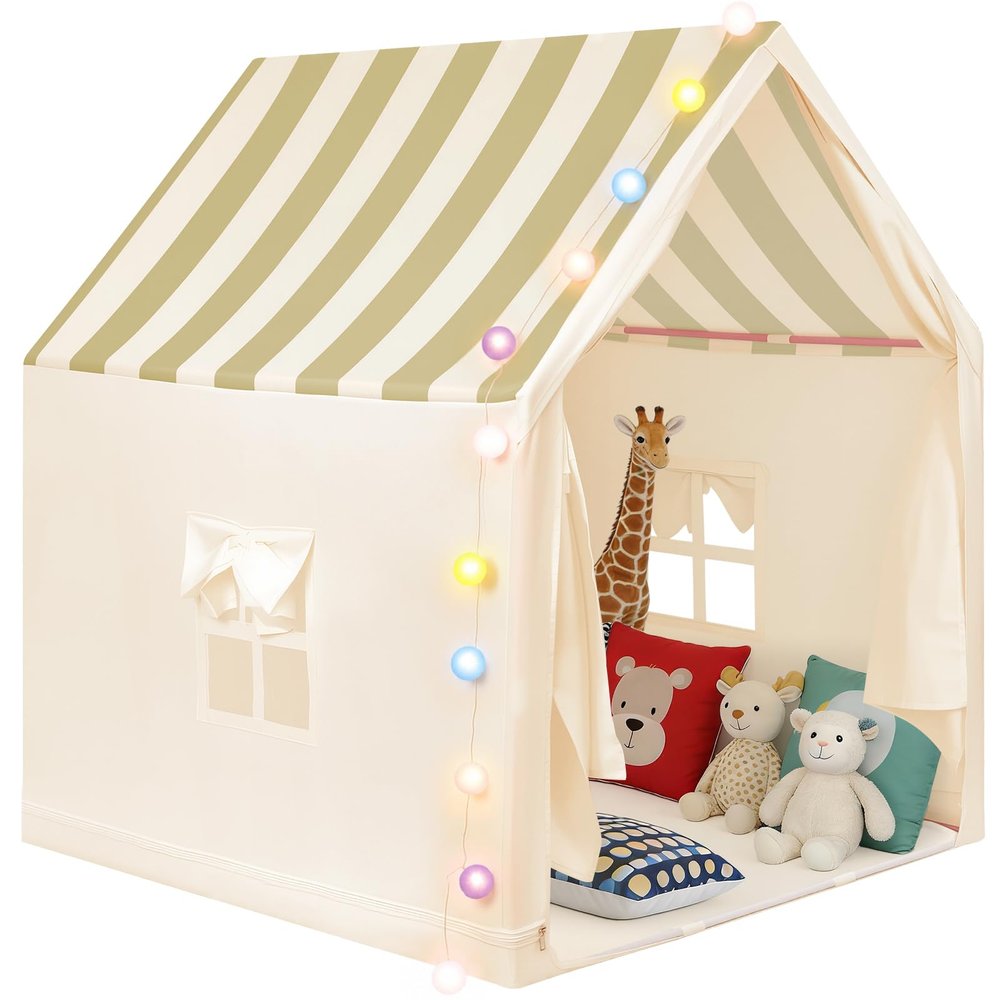 Anbte Kids Play Tent, Spacious & Portable Playhouse Toddler Tent, Indoor/Outdoor Playhouse for Toddlers Kids Toys for Boy Girl Birthday Gift, Easy Setup Metal Rods with Lights, Beige Stripes