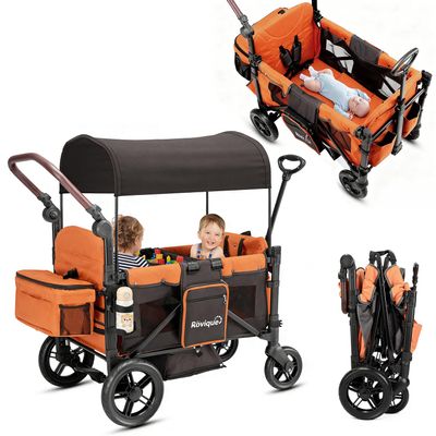 Rovique Wagon Stroller for 2 Kids, Convertible Baby Wagon with Bassinet Mode, Removable Canopy, Snack Tray, 5-Point Harness, All-Terrain PU Wheels, Adjustable Push Pull Handle (Orange)