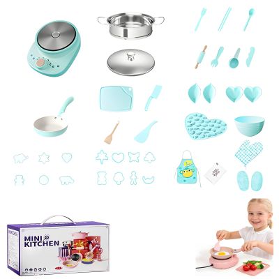 SEPSUMMER Kids Cooking Sets Real Mini Electric Stove & Pan Safe Real Food Fun, Functional Junior Chef Kitchen Set for Girls (Green, 42pc)
