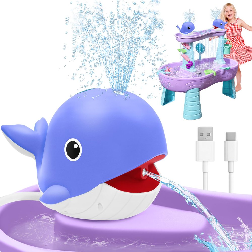 Youngyes Water Table Pump, Rechargeable Water Pump for Water Table, 3.5 Hours Non-Stop Fun Whale Pump with Sprinkler Outdoor Water Toys for Kids Toddlers, Outside Water Play Table Accessories (Purple)