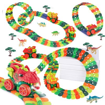 Dinosaur Race Track Set with Suction Cup Track, 360 Gravity Wall Climbing Car Track Toys for Boys Ages 3-8, Flexible Dinosaur Car Track with Light Up Race Car & Building Toys 64PCS