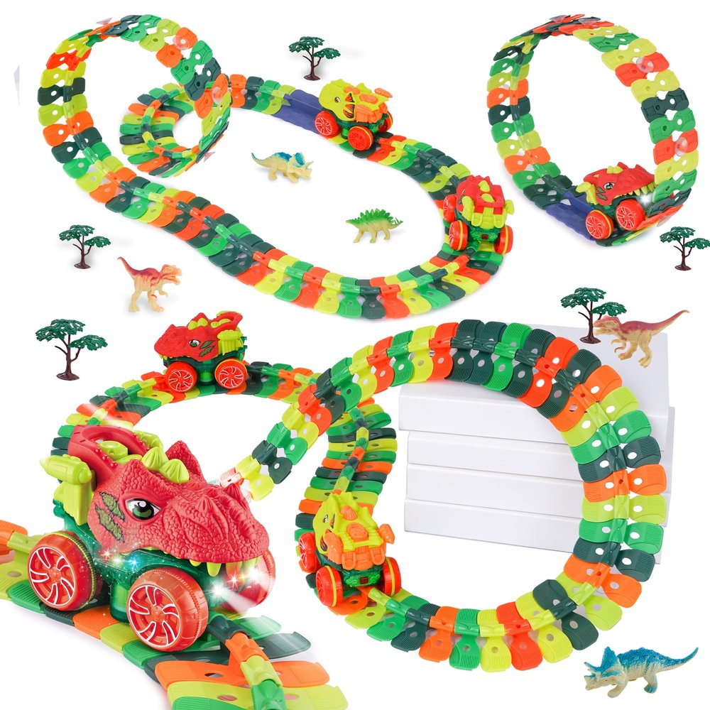 Dinosaur Race Track Set with Suction Cup Track, 360 Gravity Wall Climbing Car Track Toys for Boys Ages 3-8, Flexible Dinosaur Car Track with Light Up Race Car & Building Toys 64PCS
