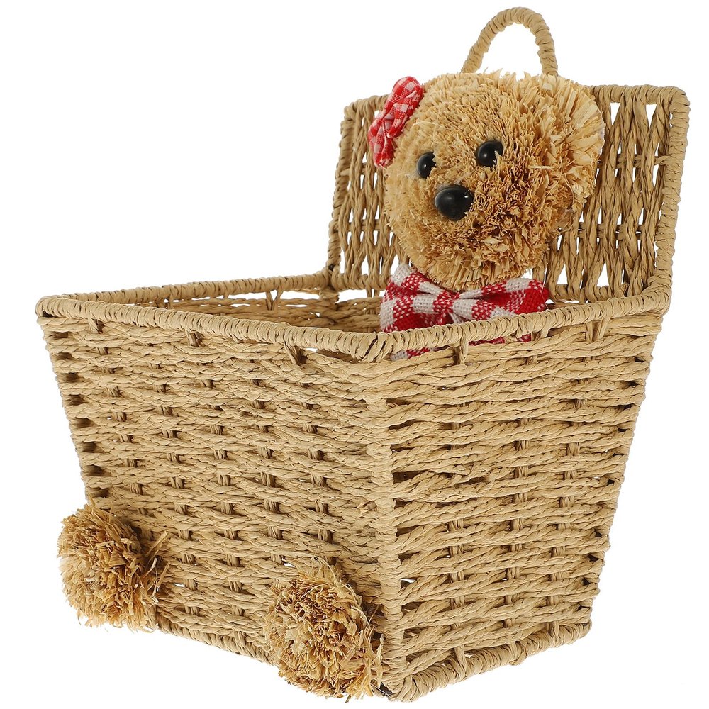 Ipetboom Decorative Cartoon Woven Bear Storage Basket, Khaki Rope Desktop and Wall Hanging Organizer, Multifunctional Sundries Storage Bin for Home and Bathroom Use
