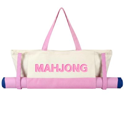 Abbylike 28x9 Inches Mahjong Bag for Rolled Mat Tiles Racks Pushers Accessories Empty Mahjong Tote Bag with Zipper Closure Outer Pockets Lining Large Capacity(Beige&Light Pink,Canvas)