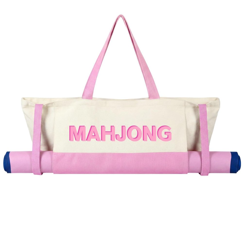 Abbylike 28x9 Inches Mahjong Bag for Rolled Mat Tiles Racks Pushers Accessories Empty Mahjong Tote Bag with Zipper Closure Outer Pockets Lining Large Capacity(Beige&Light Pink,Canvas)