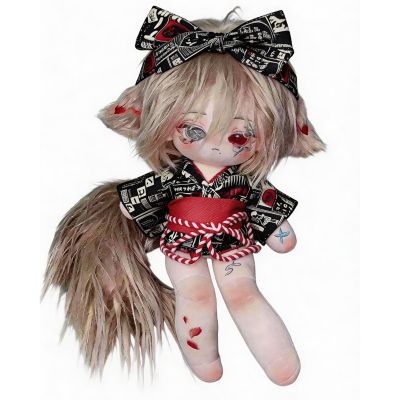 30cm Anime Plush Doll with Japanese Yukata Outfit & Large Bow Headband, Cute Wolf Ear Stuffed Doll Costume Set for Collectors (E3505)