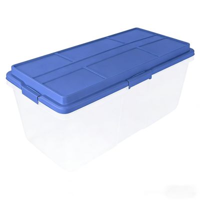 113 Qt Clear Stackable Latching Storage Bin with Smoke Blue Lid