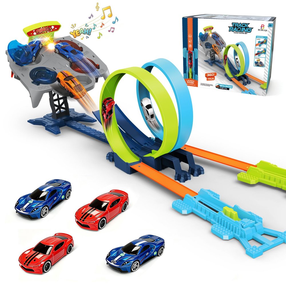 Dual Toy Car Race Track Set for Kids 2 Player Loop & Launch Car Track Toy with Score Points, 4 Metal Alloy Racing Cars, Interactive Sound Effects & Competitive Stunt Challenge for Boys & Girls