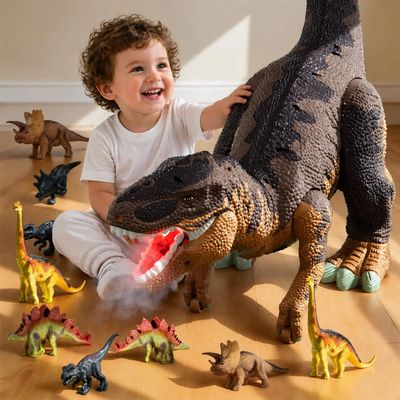 24" Large Dinosaur Toys for Kids 3-8, Tyrannosaurus Rex Figure Toy with Belly Storage for 10+ Mini Dinosaurs, Big T-Rex Eats Toy with Lights Sounds & Mist Spray, Birthday Gifts for Boys Girls Brown