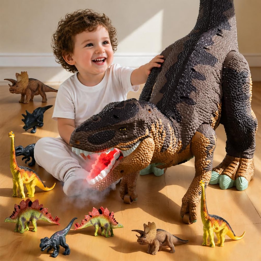 24" Large Dinosaur Toys for Kids 3-8, Tyrannosaurus Rex Figure Toy with Belly Storage for 10+ Mini Dinosaurs, Big T-Rex Eats Toy with Lights Sounds & Mist Spray, Birthday Gifts for Boys Girls Brown