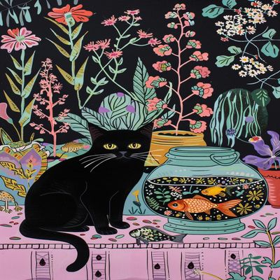 Vintage Floral Cat and Fish Tank - Vibrant Animal Art, 500 Piece Adult Puzzle: Eco-Friendly Thick Board, Fun Leisure Activity for Family Bonding and Relaxation