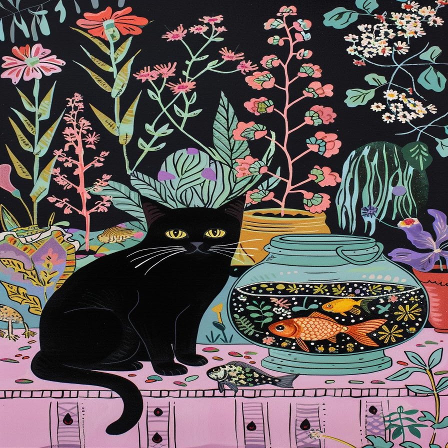 Vintage Floral Cat and Fish Tank - Vibrant Animal Art, 500 Piece Adult Puzzle: Eco-Friendly Thick Board, Fun Leisure Activity for Family Bonding and Relaxation