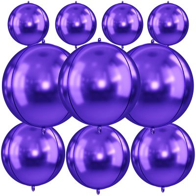 10Pcs Purple Round Foil Balloons, 22" 18" 15" 4D Helium Clear Balloon, Metallic Purple Foil Baloon for Graduation Birthday Wedding New Year 2026 Disco Anniversary Party Decorations